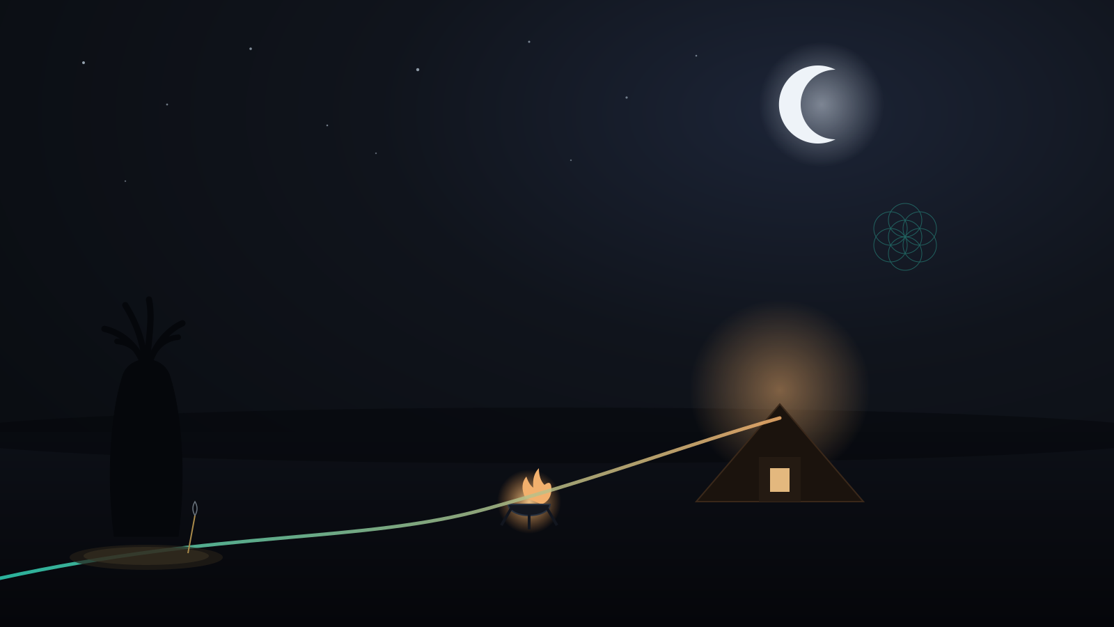 A path leading to a hut under a starlit sky, with a baobab tree and a fire burning nearby — the Nguni AI visual world.